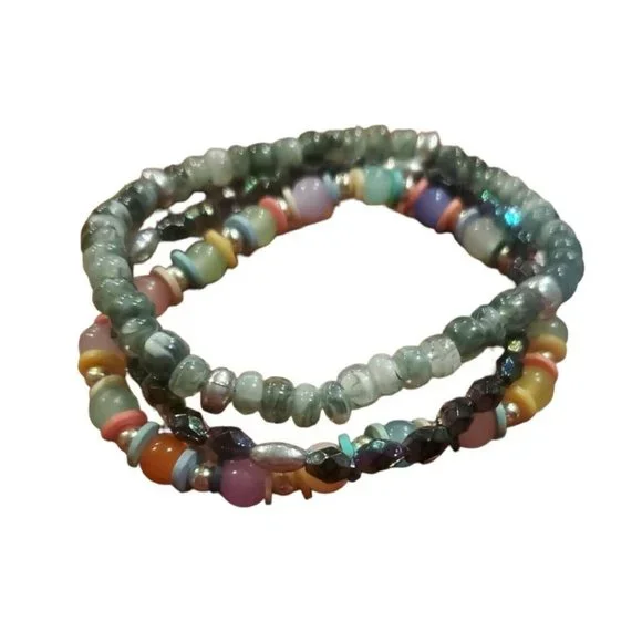 Bohemian Stretch Bracelets 3pcs with Multicolored Round Beads Chunky Jewlery - Picture 2 of 7